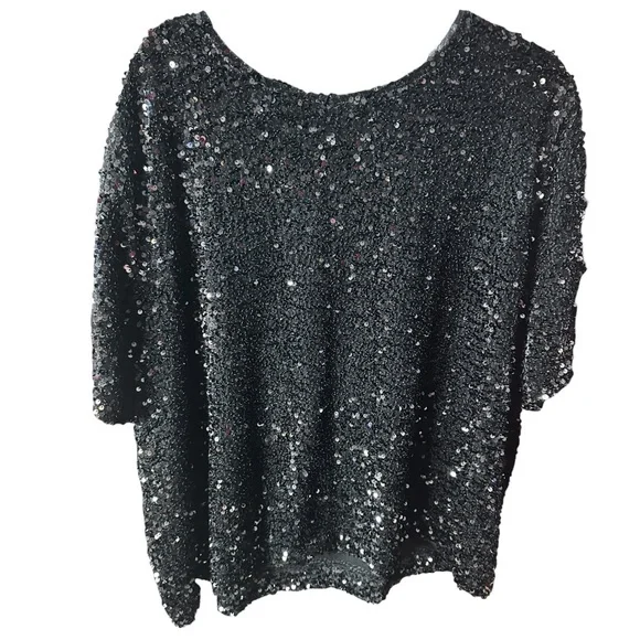 NWT Women’s Black Sequin Scoop Neck Top - Picture 2 of 6
